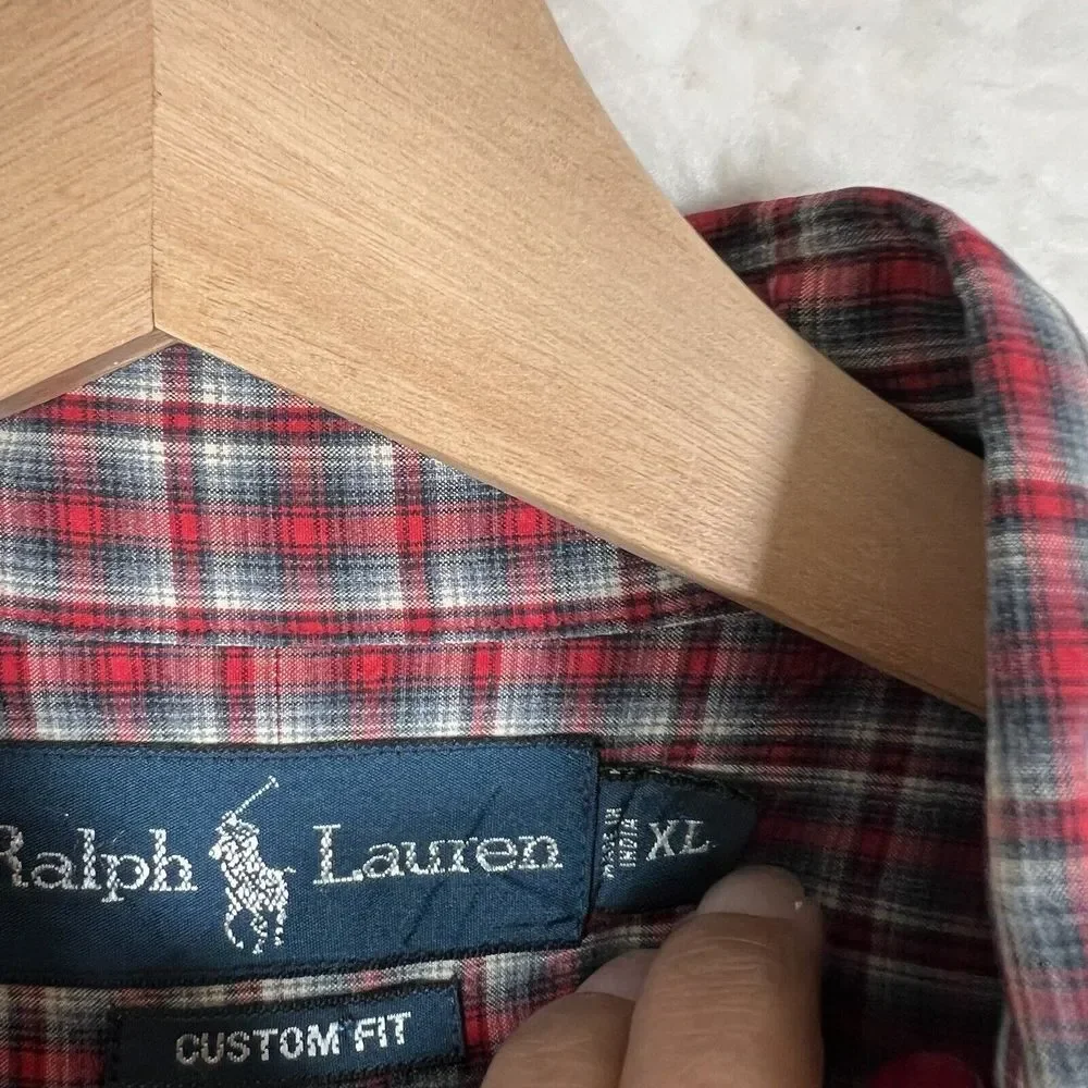 Ralph Lauren Men's Custom Fit Red Long Sleeve Button Down Plaid Shirt Size XL‎